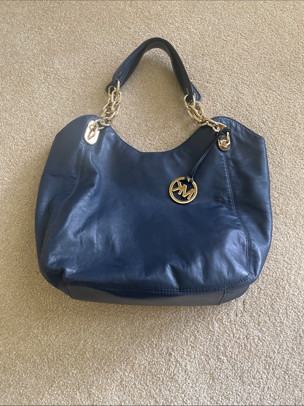 Michael Kors Navy Lambskin Soft Leather Chain-Handle Hobo Bag
